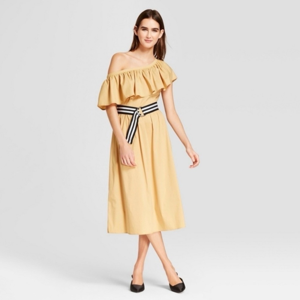 Who What Wear One Shoulder Beige Midi Dress with Black and White Belt, Size L